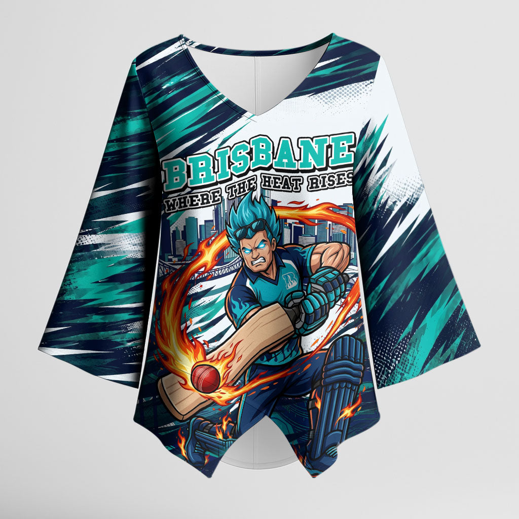 Personalised Brisbane Heat Cricket Fan Pride Kimono Sleeve Blouse Dynamic Flaming Cricket Graphic Art With Brisbane Skyline