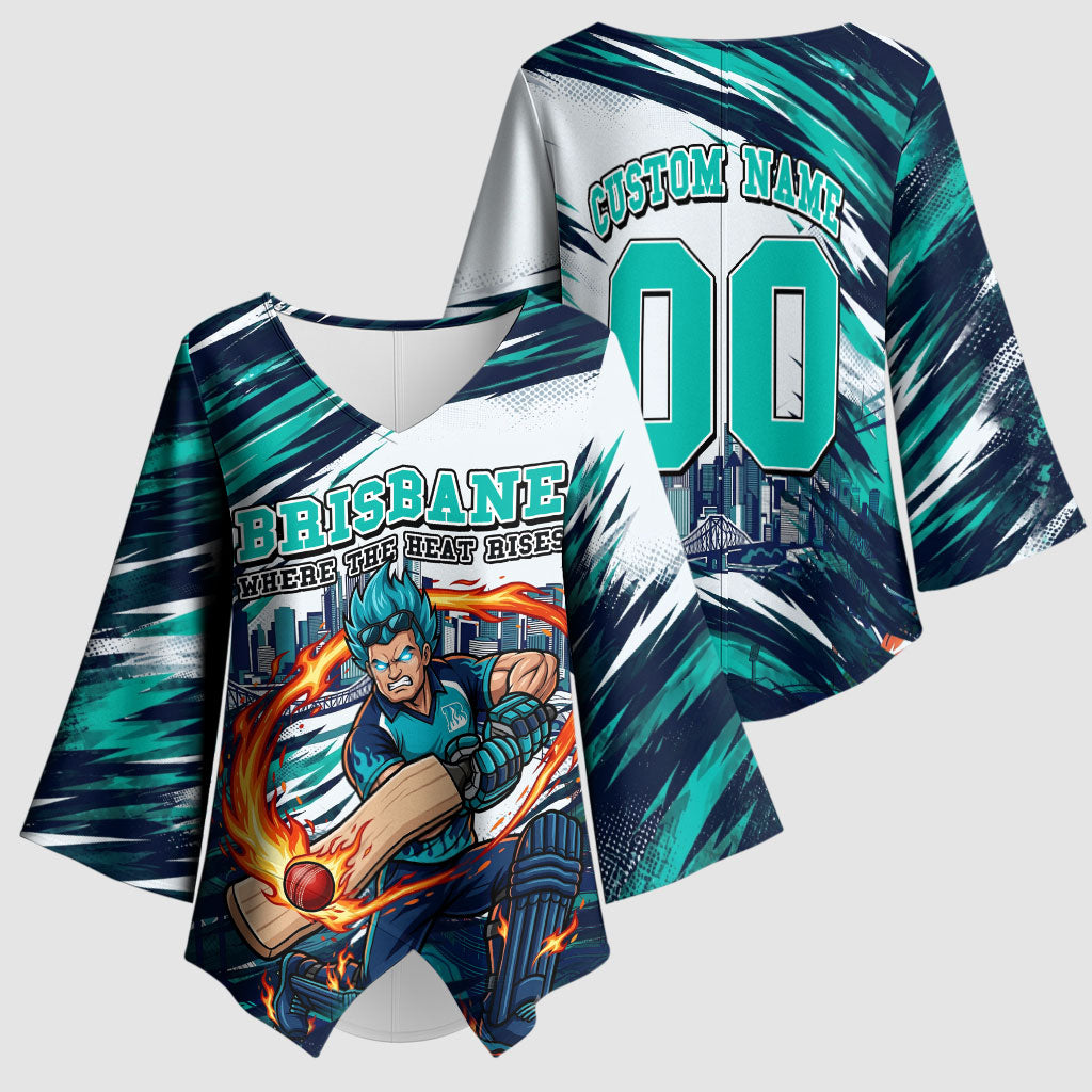 Personalised Brisbane Heat Cricket Fan Pride Kimono Sleeve Blouse Dynamic Flaming Cricket Graphic Art With Brisbane Skyline