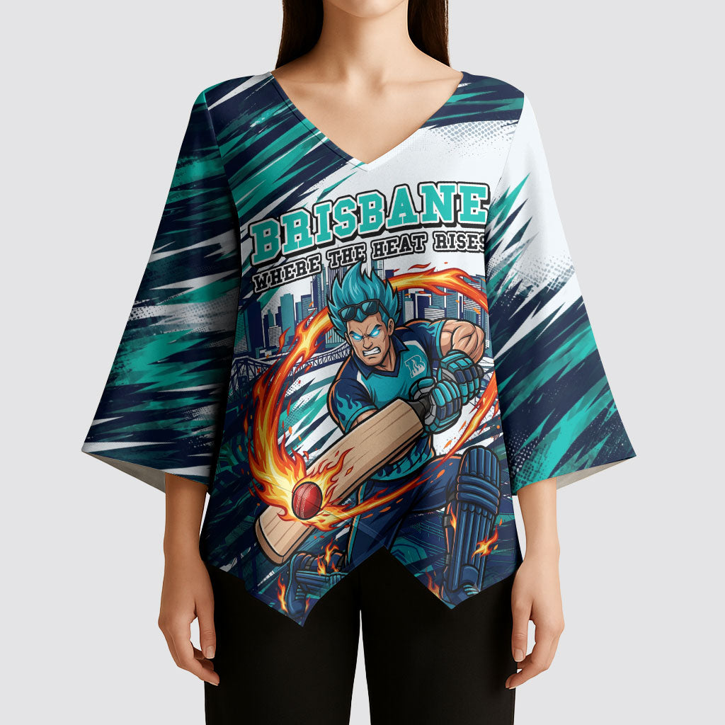 Personalised Brisbane Heat Cricket Fan Pride Kimono Sleeve Blouse Dynamic Flaming Cricket Graphic Art With Brisbane Skyline