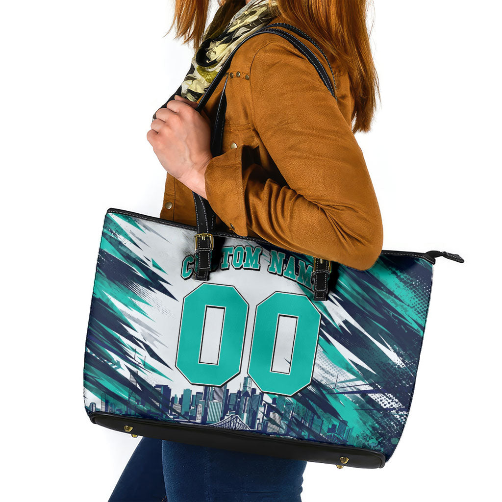 Personalised Brisbane Heat Cricket Fan Pride Leather Tote Bag Dynamic Flaming Cricket Graphic Art With Brisbane Skyline