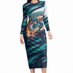 Personalised Brisbane Heat Cricket Fan Pride Long Sleeve Bodycon Dress Dynamic Flaming Cricket Graphic Art With Brisbane Skyline