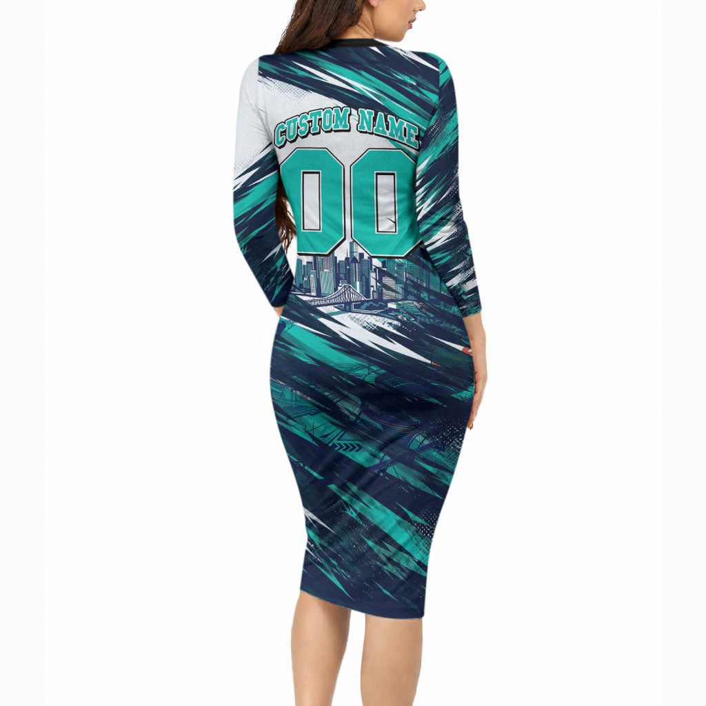 Personalised Brisbane Heat Cricket Fan Pride Long Sleeve Bodycon Dress Dynamic Flaming Cricket Graphic Art With Brisbane Skyline