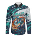 Personalised Brisbane Heat Cricket Fan Pride Long Sleeve Button Shirt Dynamic Flaming Cricket Graphic Art With Brisbane Skyline