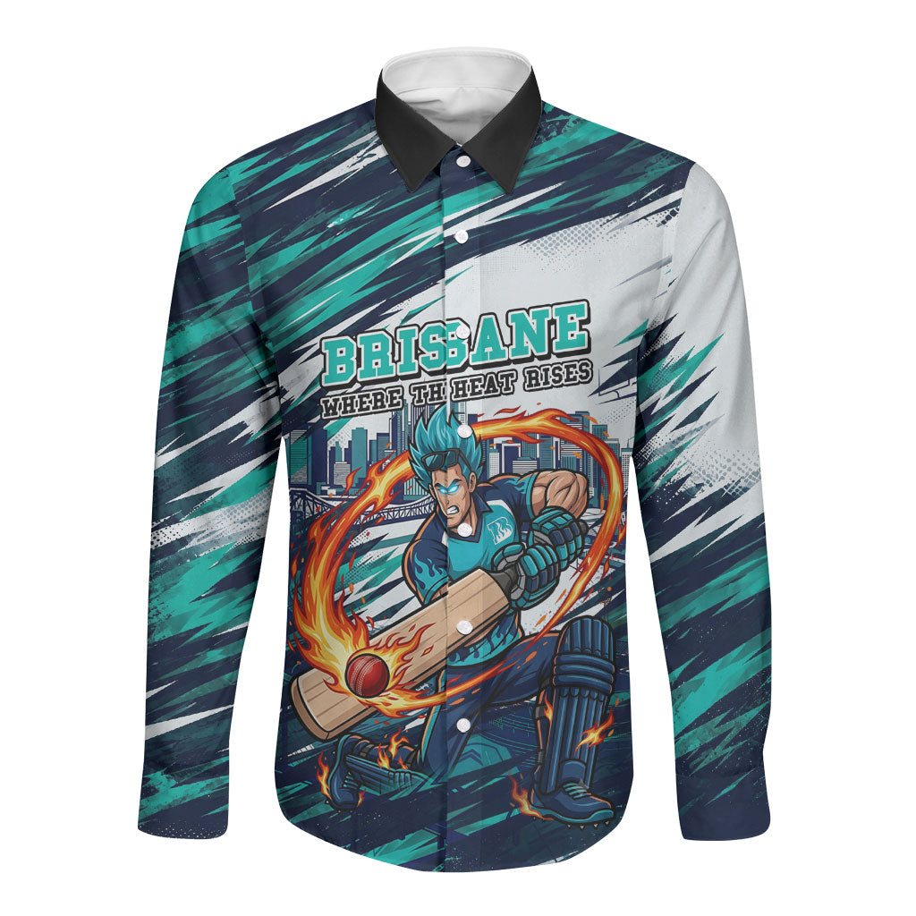 Personalised Brisbane Heat Cricket Fan Pride Long Sleeve Button Shirt Dynamic Flaming Cricket Graphic Art With Brisbane Skyline