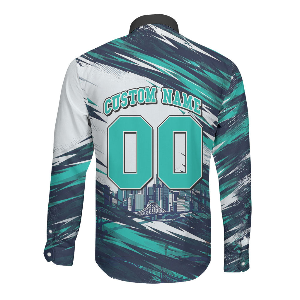 Personalised Brisbane Heat Cricket Fan Pride Long Sleeve Button Shirt Dynamic Flaming Cricket Graphic Art With Brisbane Skyline