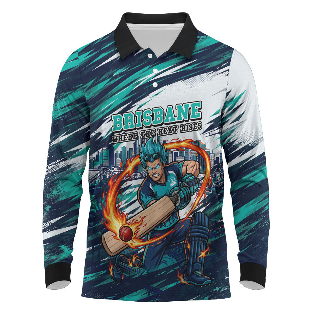 Personalised Brisbane Heat Cricket Fan Pride Long Sleeve Polo Shirt Dynamic Flaming Cricket Graphic Art With Brisbane Skyline