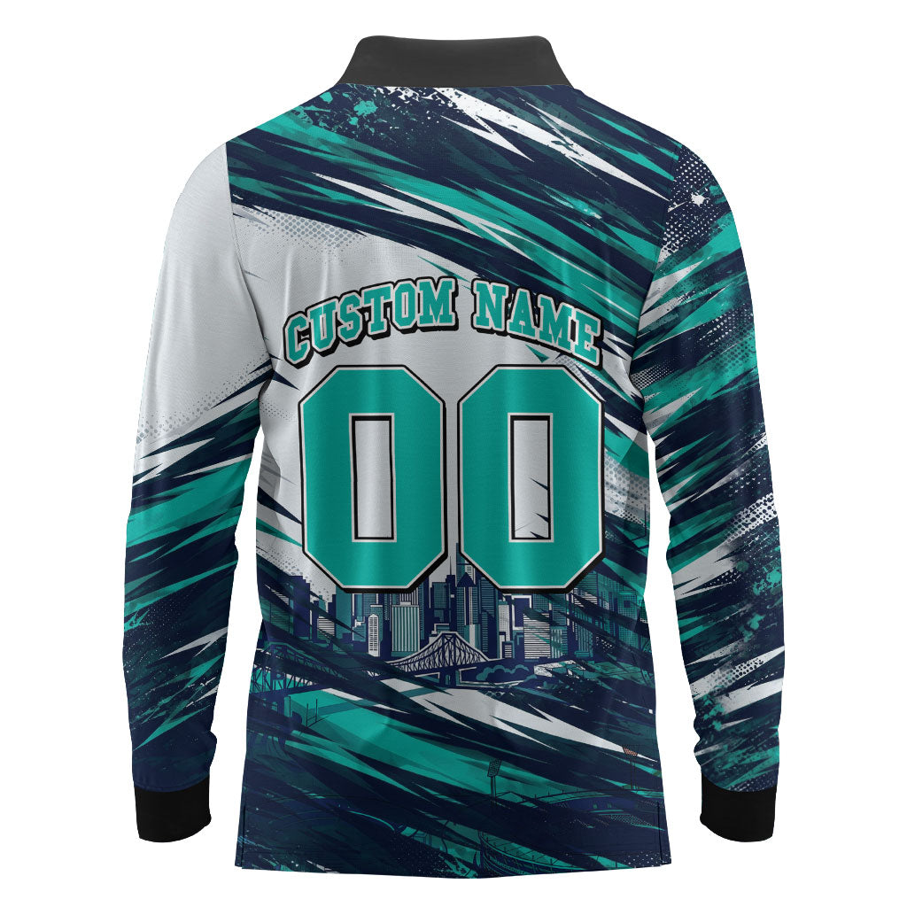 Personalised Brisbane Heat Cricket Fan Pride Long Sleeve Polo Shirt Dynamic Flaming Cricket Graphic Art With Brisbane Skyline