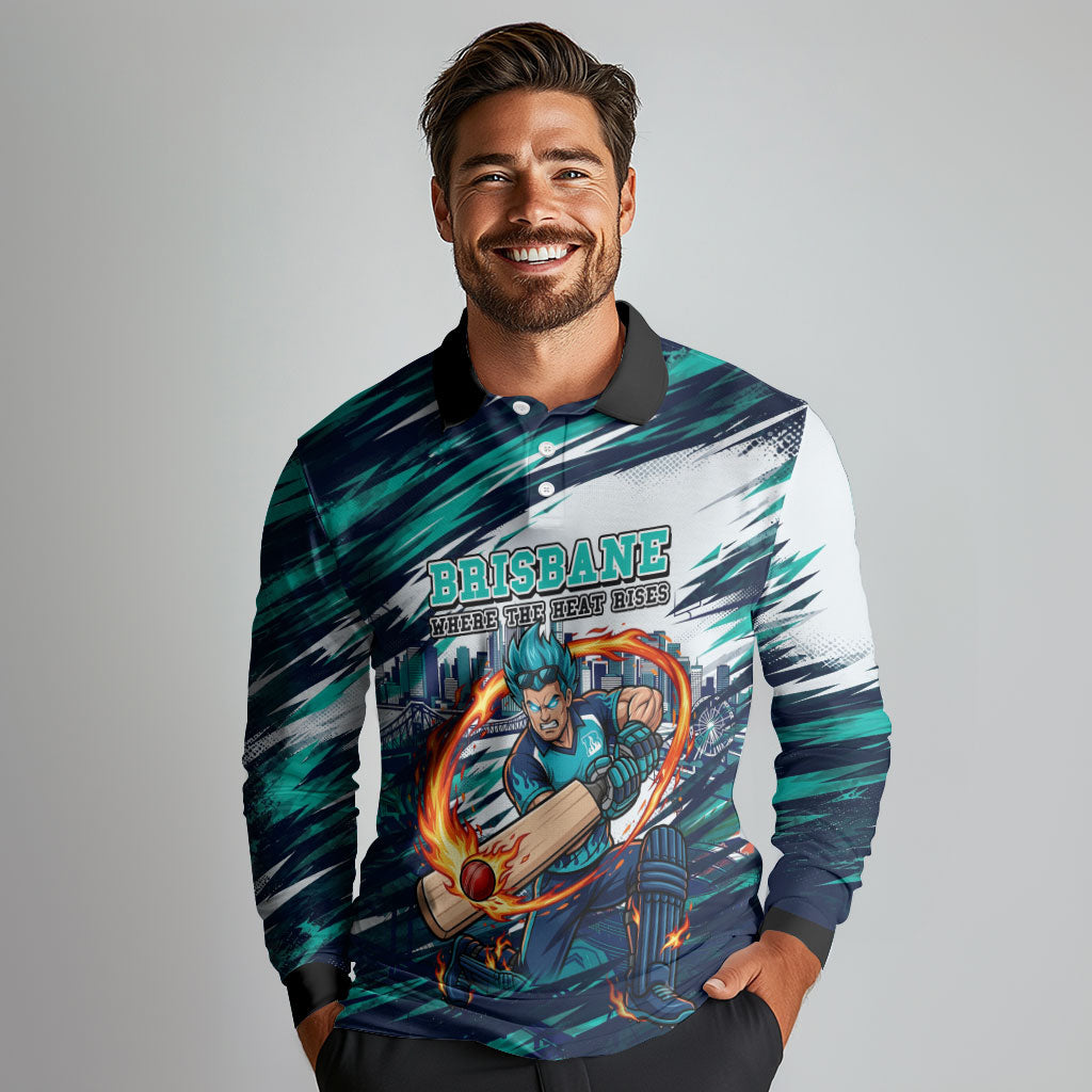 Personalised Brisbane Heat Cricket Fan Pride Long Sleeve Polo Shirt Dynamic Flaming Cricket Graphic Art With Brisbane Skyline