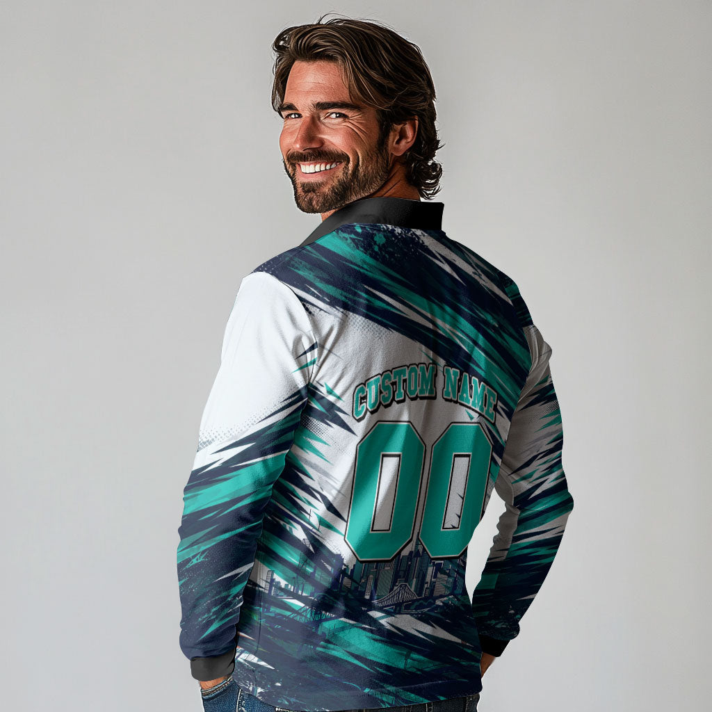 Personalised Brisbane Heat Cricket Fan Pride Long Sleeve Polo Shirt Dynamic Flaming Cricket Graphic Art With Brisbane Skyline