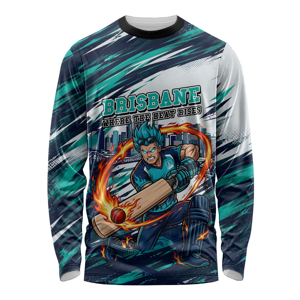 Personalised Brisbane Heat Cricket Fan Pride Long Sleeve Shirt Dynamic Flaming Cricket Graphic Art With Brisbane Skyline