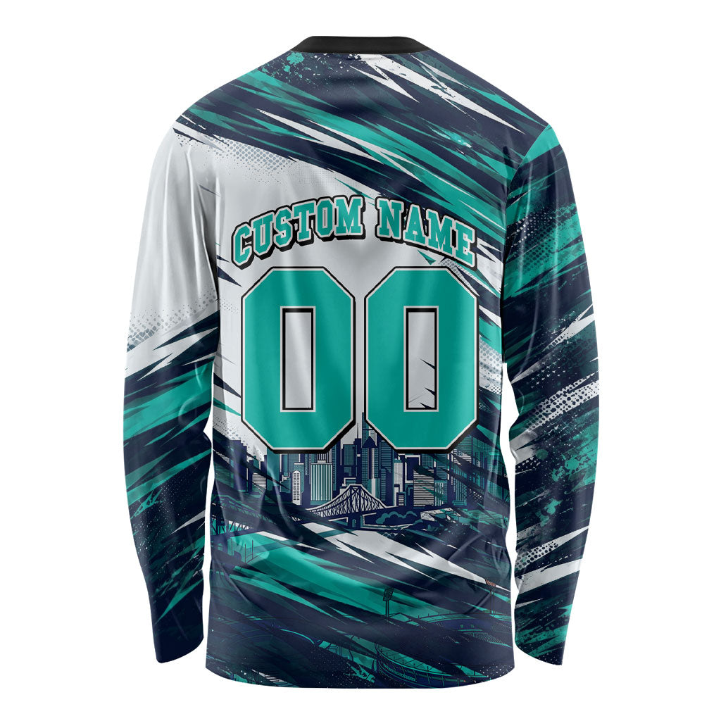 Personalised Brisbane Heat Cricket Fan Pride Long Sleeve Shirt Dynamic Flaming Cricket Graphic Art With Brisbane Skyline