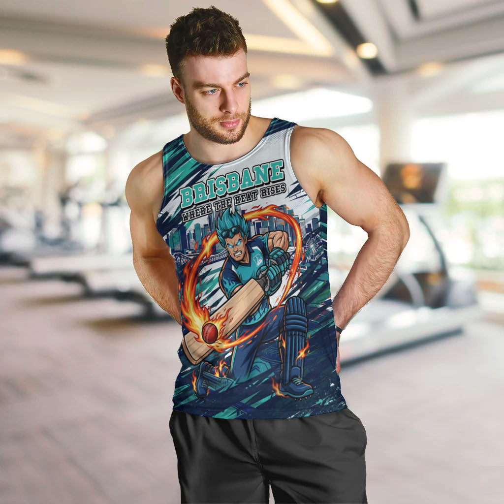 Personalised Brisbane Heat Cricket Fan Pride Men Tank Top Dynamic Flaming Cricket Graphic Art With Brisbane Skyline