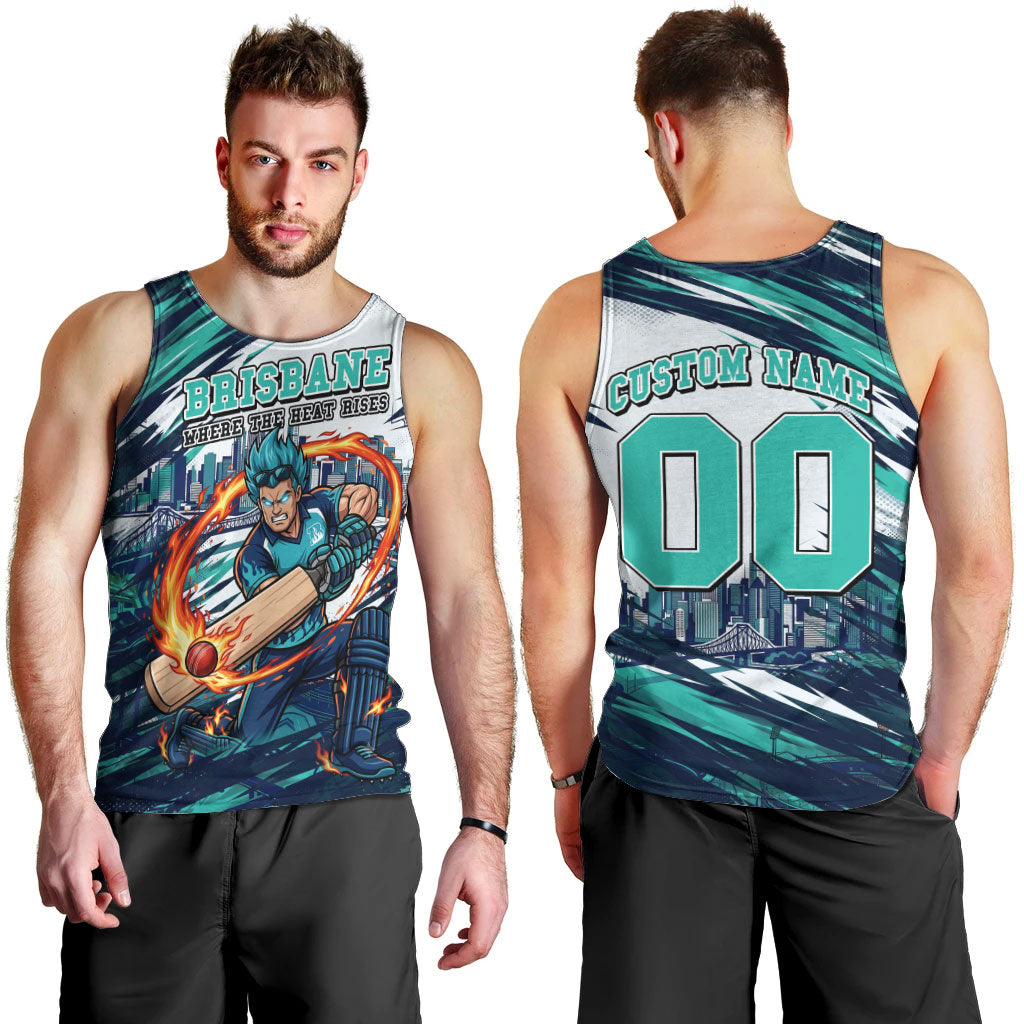 Personalised Brisbane Heat Cricket Fan Pride Men Tank Top Dynamic Flaming Cricket Graphic Art With Brisbane Skyline
