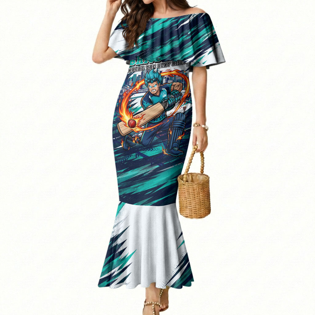 Personalised Brisbane Heat Cricket Fan Pride Mermaid Dress Dynamic Flaming Cricket Graphic Art With Brisbane Skyline