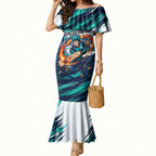 Personalised Brisbane Heat Cricket Fan Pride Mermaid Dress Dynamic Flaming Cricket Graphic Art With Brisbane Skyline