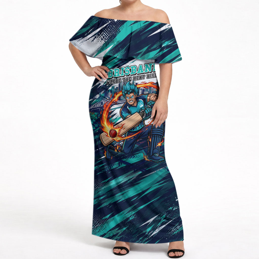 Personalised Brisbane Heat Cricket Fan Pride Off Shoulder Maxi Dress Dynamic Flaming Cricket Graphic Art With Brisbane Skyline