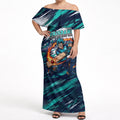 Personalised Brisbane Heat Cricket Fan Pride Off Shoulder Maxi Dress Dynamic Flaming Cricket Graphic Art With Brisbane Skyline