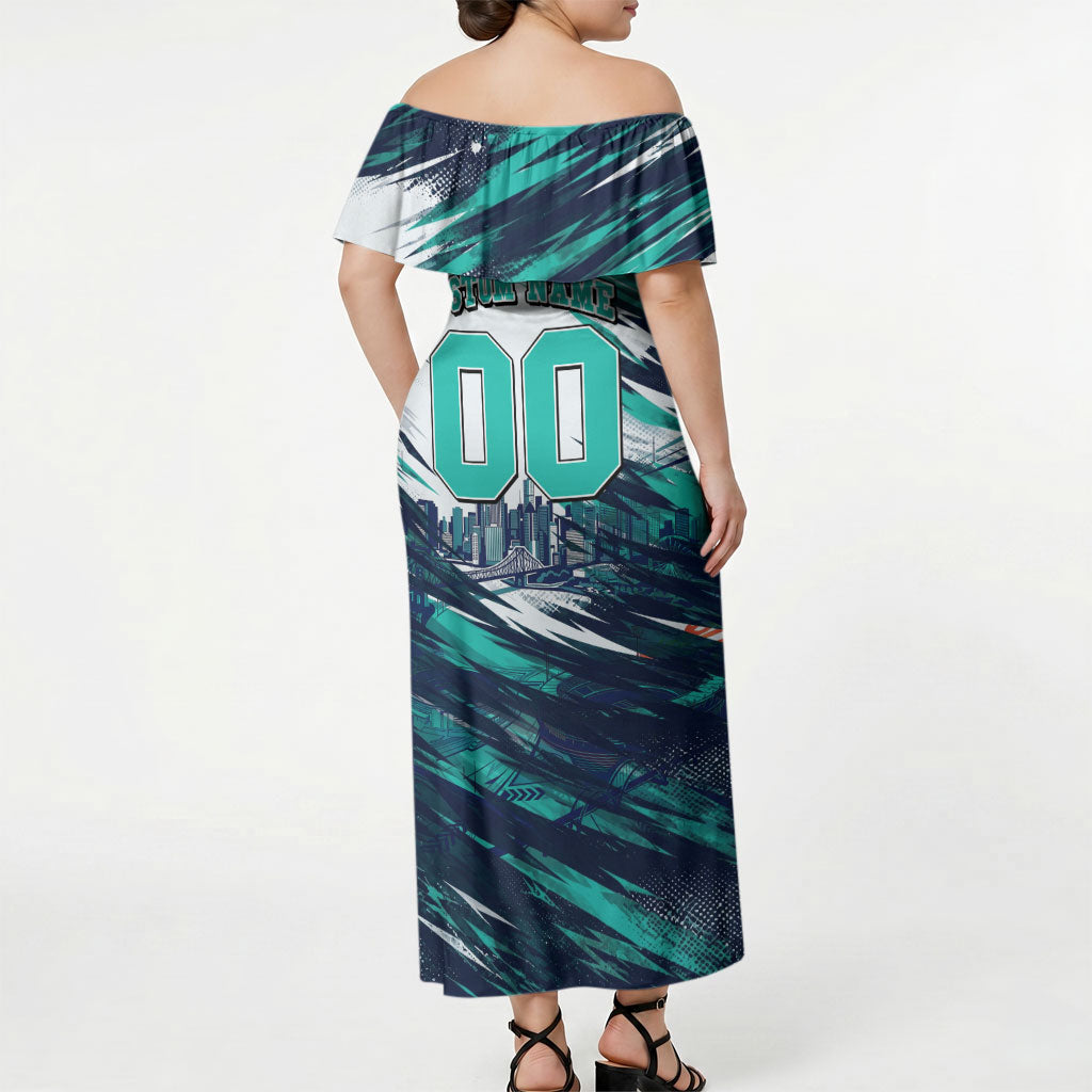 Personalised Brisbane Heat Cricket Fan Pride Off Shoulder Maxi Dress Dynamic Flaming Cricket Graphic Art With Brisbane Skyline