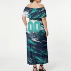 Personalised Brisbane Heat Cricket Fan Pride Off Shoulder Maxi Dress Dynamic Flaming Cricket Graphic Art With Brisbane Skyline