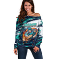 Personalised Brisbane Heat Cricket Fan Pride Off Shoulder Sweater Dynamic Flaming Cricket Graphic Art With Brisbane Skyline