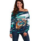 Personalised Brisbane Heat Cricket Fan Pride Off Shoulder Sweater Dynamic Flaming Cricket Graphic Art With Brisbane Skyline