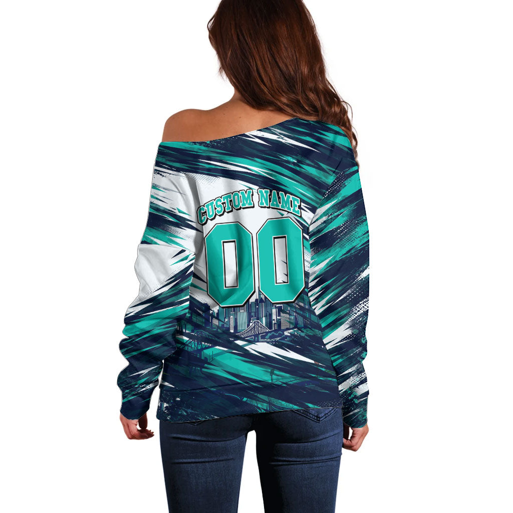 Personalised Brisbane Heat Cricket Fan Pride Off Shoulder Sweater Dynamic Flaming Cricket Graphic Art With Brisbane Skyline