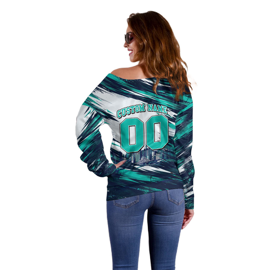 Personalised Brisbane Heat Cricket Fan Pride Off Shoulder Sweater Dynamic Flaming Cricket Graphic Art With Brisbane Skyline