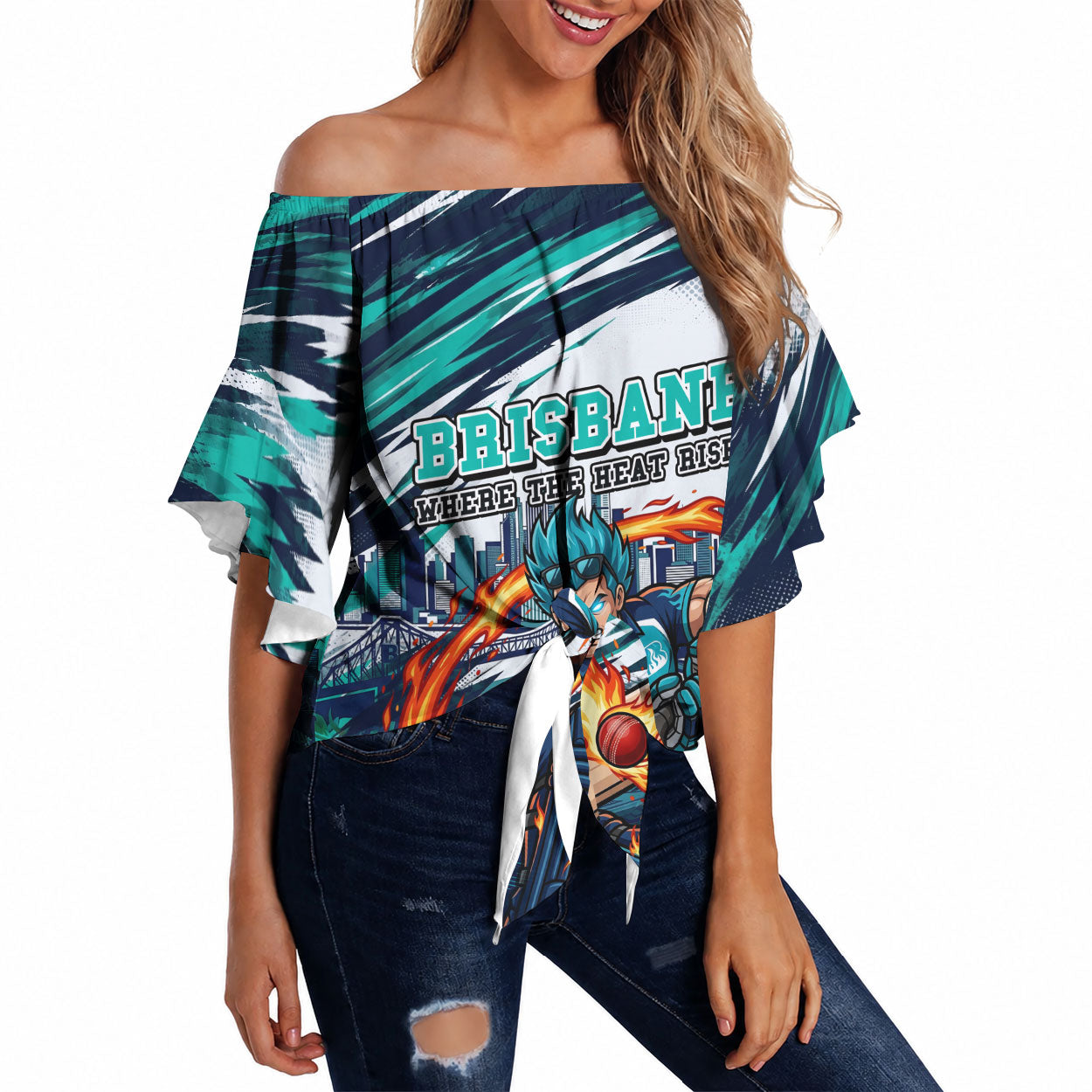 Personalised Brisbane Heat Cricket Fan Pride Off Shoulder Wrap Waist Top Dynamic Flaming Cricket Graphic Art With Brisbane Skyline