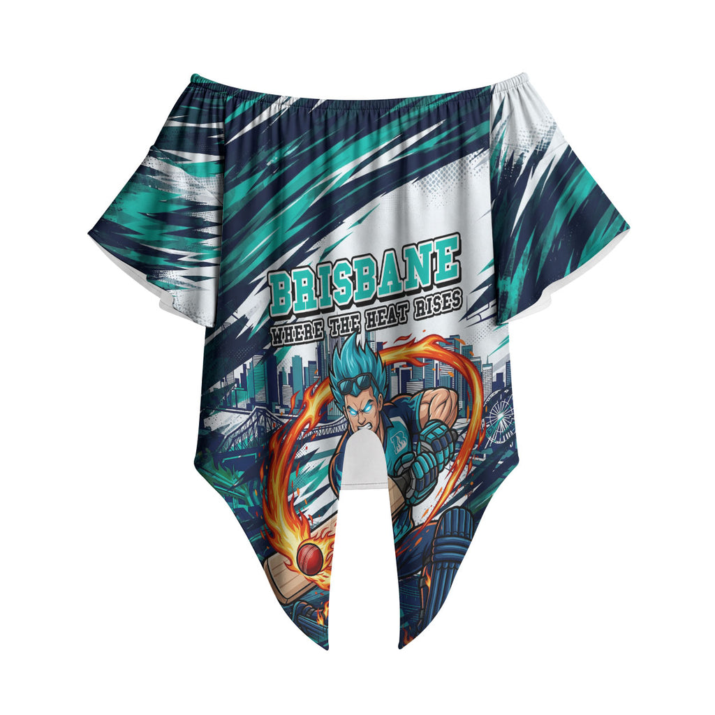 Personalised Brisbane Heat Cricket Fan Pride Off Shoulder Wrap Waist Top Dynamic Flaming Cricket Graphic Art With Brisbane Skyline