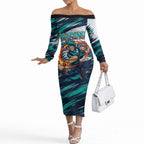 Personalised Brisbane Heat Cricket Fan Pride Off The Shoulder Long Sleeve Dress Dynamic Flaming Cricket Graphic Art With Brisbane Skyline