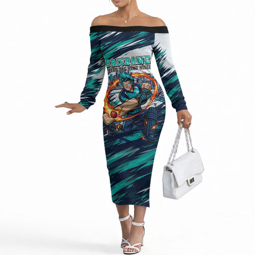 Personalised Brisbane Heat Cricket Fan Pride Off The Shoulder Long Sleeve Dress Dynamic Flaming Cricket Graphic Art With Brisbane Skyline