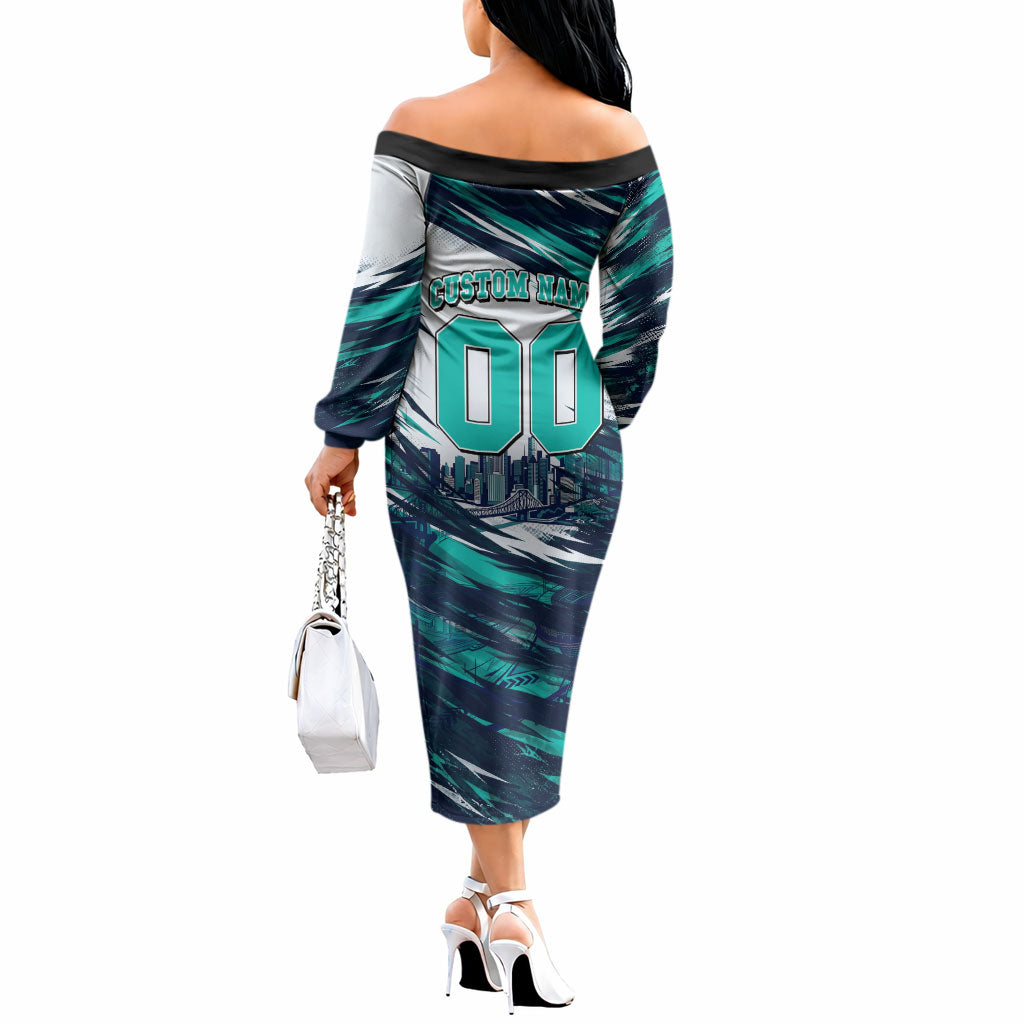 Personalised Brisbane Heat Cricket Fan Pride Off The Shoulder Long Sleeve Dress Dynamic Flaming Cricket Graphic Art With Brisbane Skyline