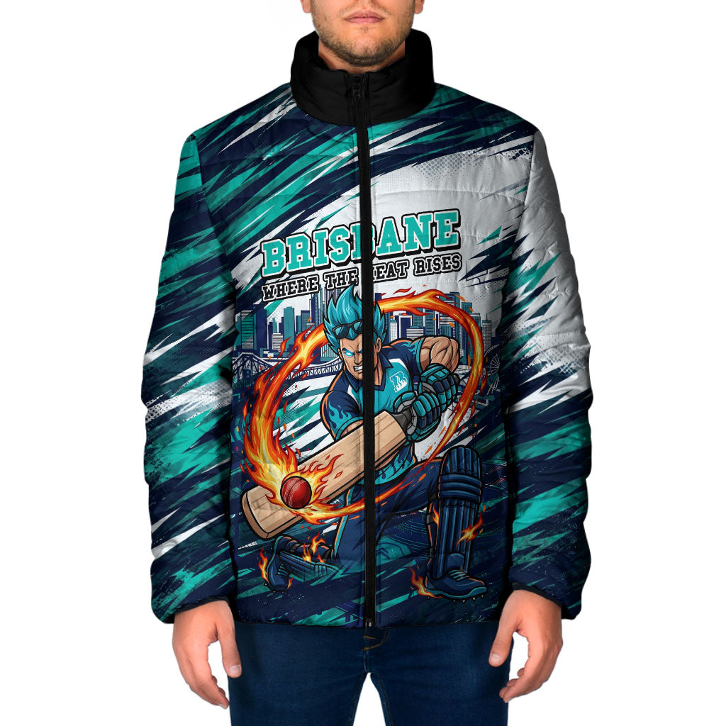 Personalised Brisbane Heat Cricket Fan Pride Padded Jacket Dynamic Flaming Cricket Graphic Art With Brisbane Skyline