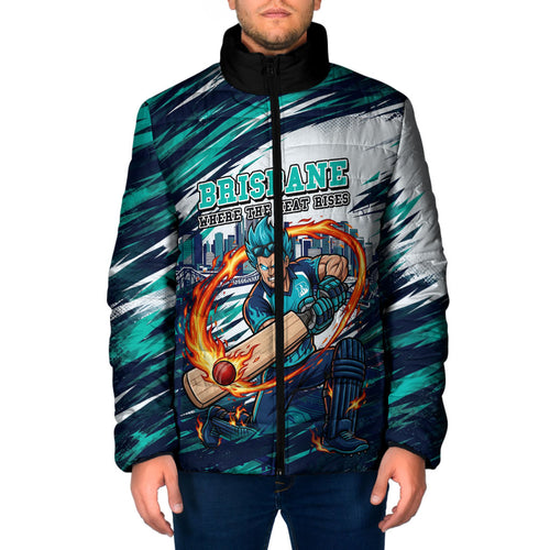 Personalised Brisbane Heat Cricket Fan Pride Padded Jacket Dynamic Flaming Cricket Graphic Art With Brisbane Skyline