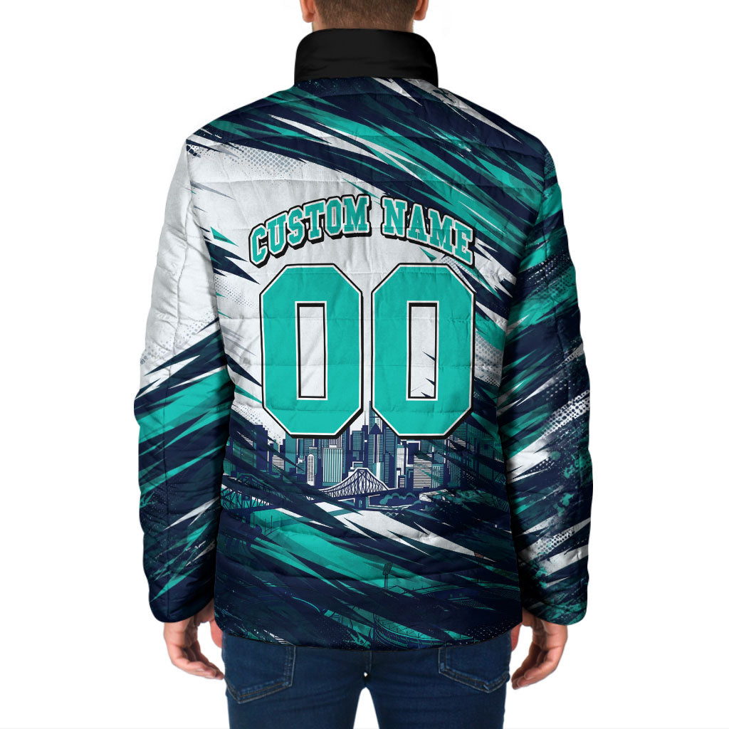 Personalised Brisbane Heat Cricket Fan Pride Padded Jacket Dynamic Flaming Cricket Graphic Art With Brisbane Skyline