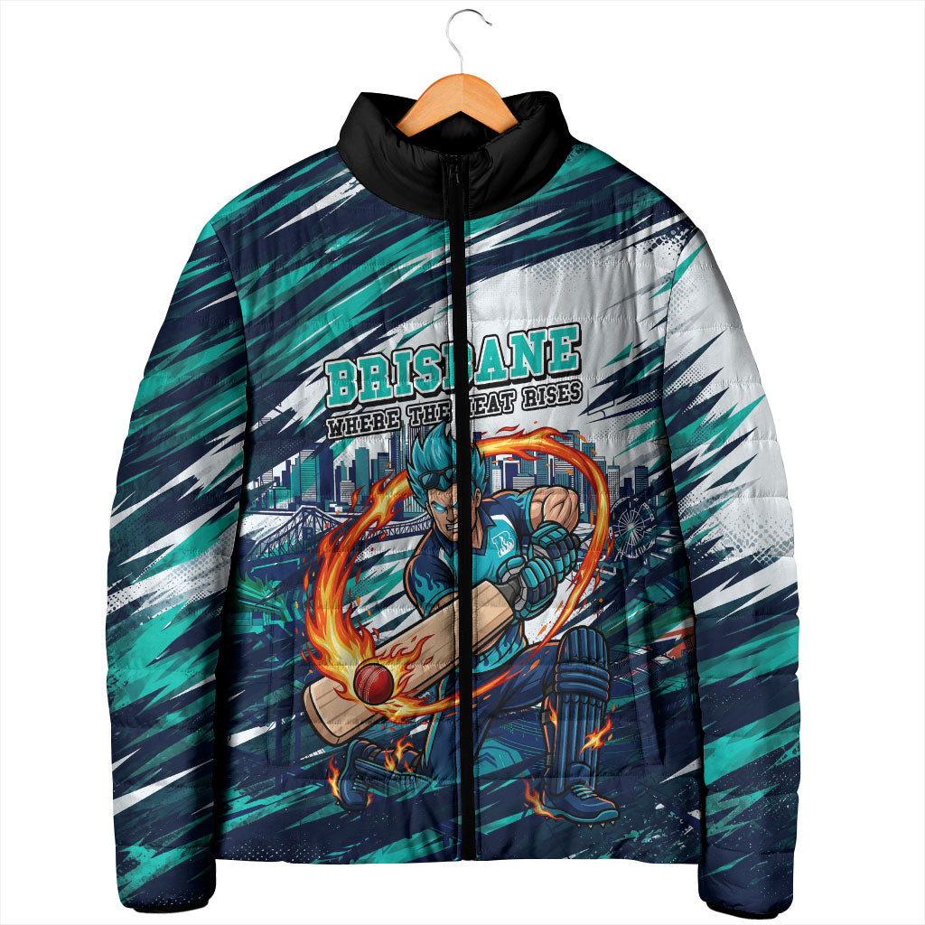 Personalised Brisbane Heat Cricket Fan Pride Padded Jacket Dynamic Flaming Cricket Graphic Art With Brisbane Skyline