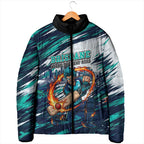 Personalised Brisbane Heat Cricket Fan Pride Padded Jacket Dynamic Flaming Cricket Graphic Art With Brisbane Skyline