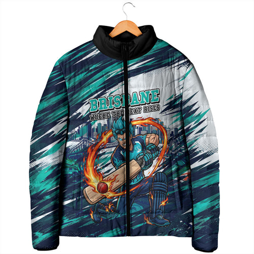 Personalised Brisbane Heat Cricket Fan Pride Padded Jacket Dynamic Flaming Cricket Graphic Art With Brisbane Skyline