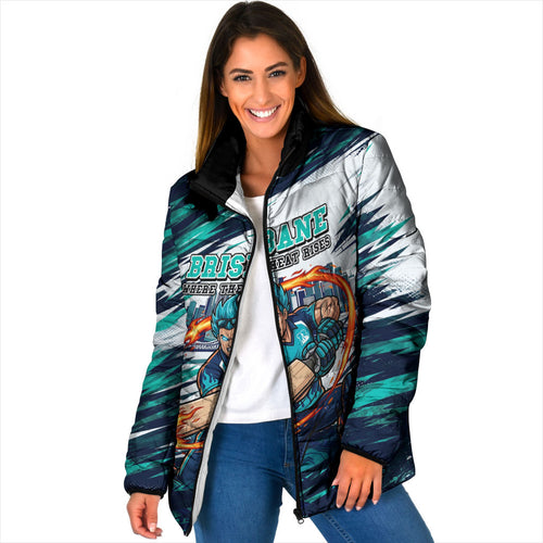 Personalised Brisbane Heat Cricket Fan Pride Padded Jacket Dynamic Flaming Cricket Graphic Art With Brisbane Skyline