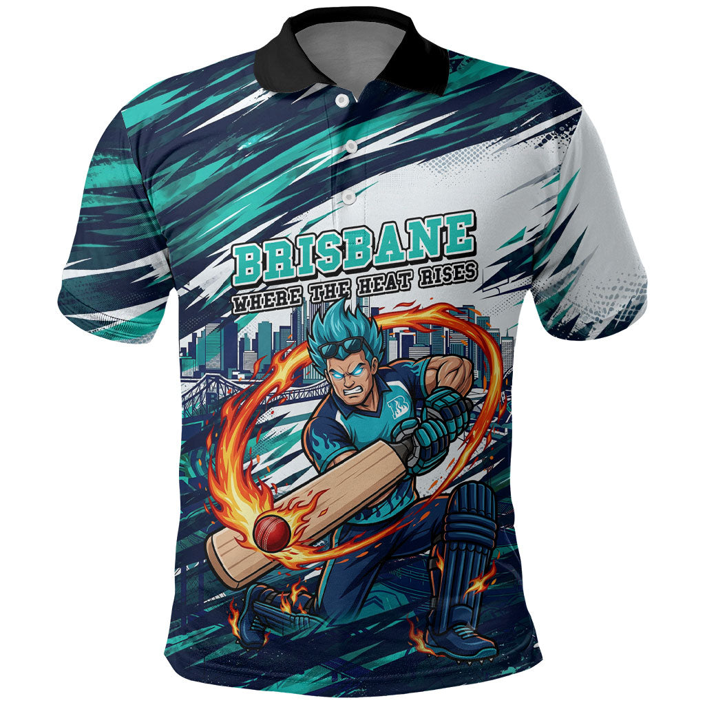 Personalised Brisbane Heat Cricket Fan Pride Polo Shirt Dynamic Flaming Cricket Graphic Art With Brisbane Skyline