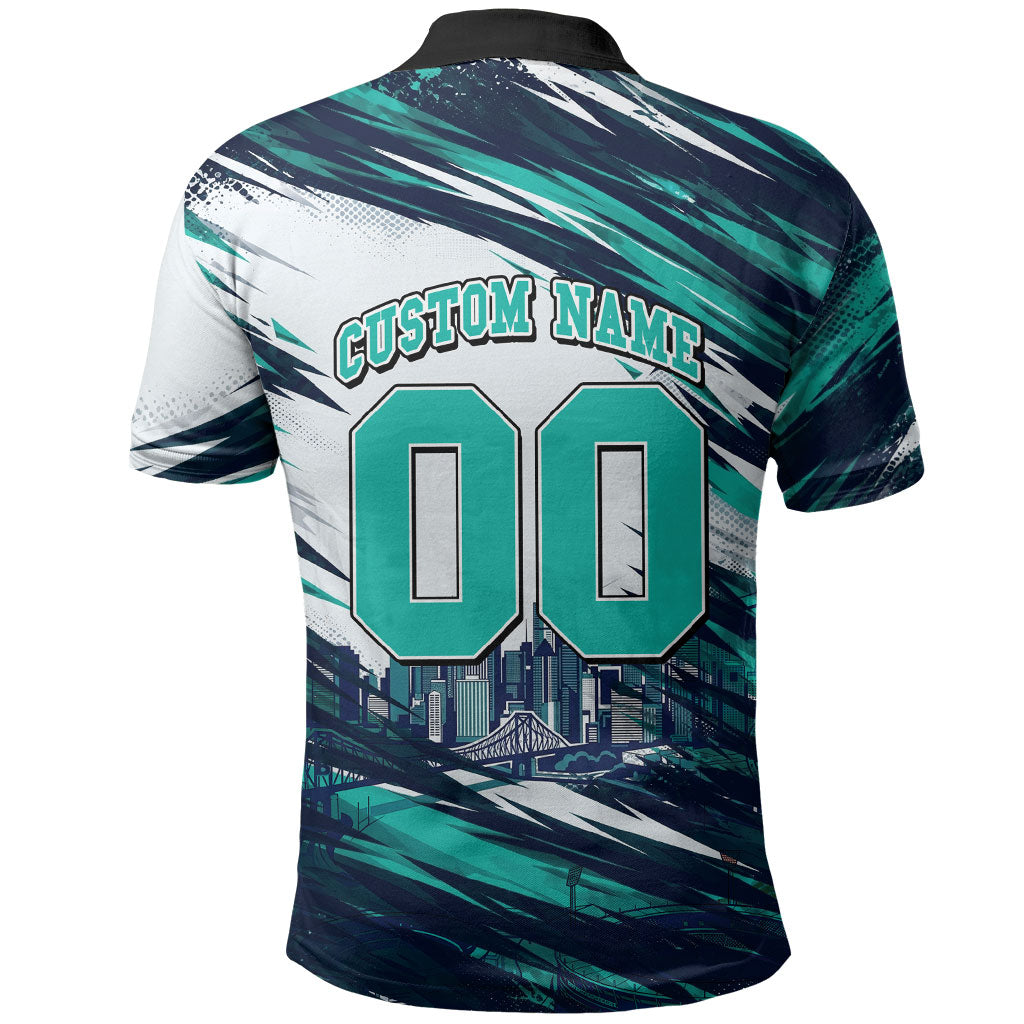 Personalised Brisbane Heat Cricket Fan Pride Polo Shirt Dynamic Flaming Cricket Graphic Art With Brisbane Skyline