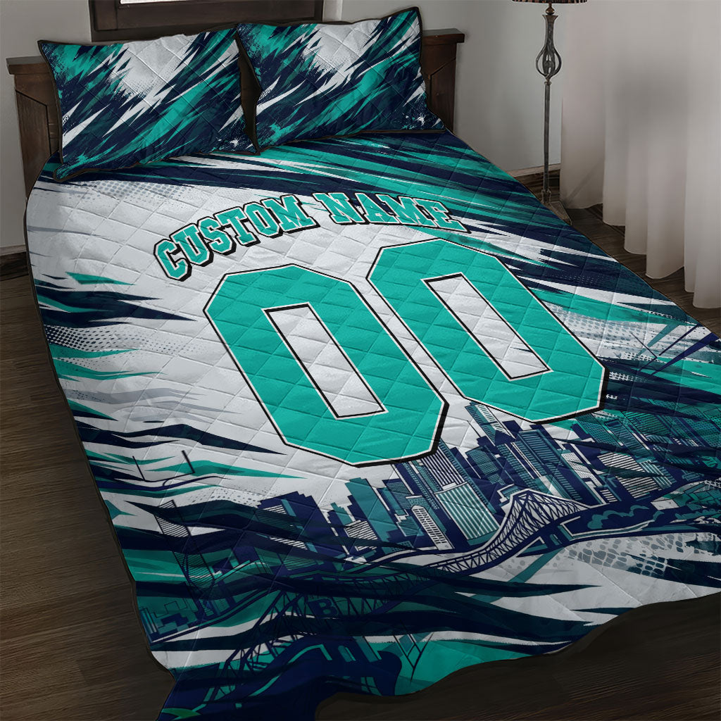 Personalised Brisbane Heat Cricket Fan Pride Quilt Bed Set Dynamic Flaming Cricket Graphic Art With Brisbane Skyline