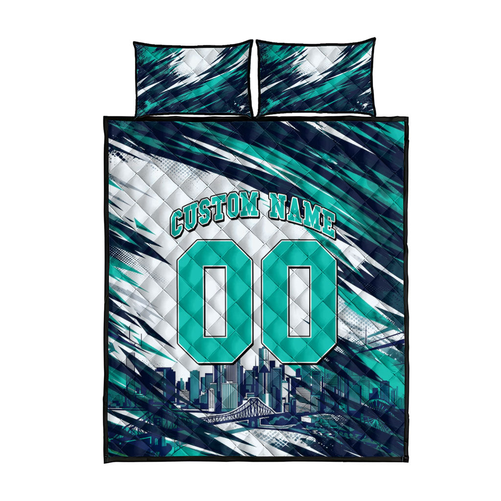 Personalised Brisbane Heat Cricket Fan Pride Quilt Bed Set Dynamic Flaming Cricket Graphic Art With Brisbane Skyline