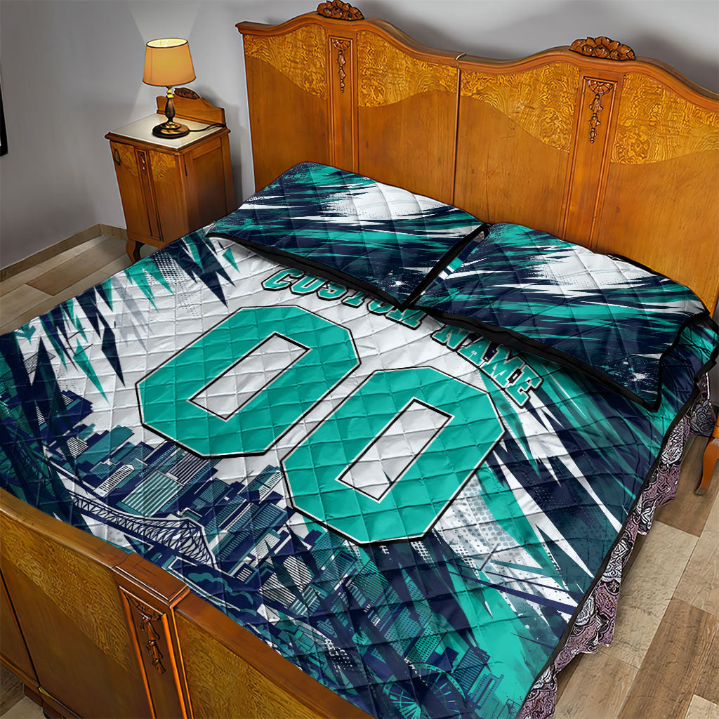 Personalised Brisbane Heat Cricket Fan Pride Quilt Bed Set Dynamic Flaming Cricket Graphic Art With Brisbane Skyline