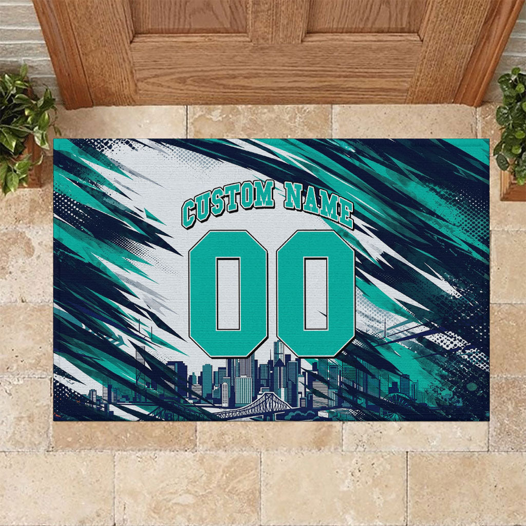 Personalised Brisbane Heat Cricket Fan Pride Rubber Doormat Dynamic Flaming Cricket Graphic Art With Brisbane Skyline