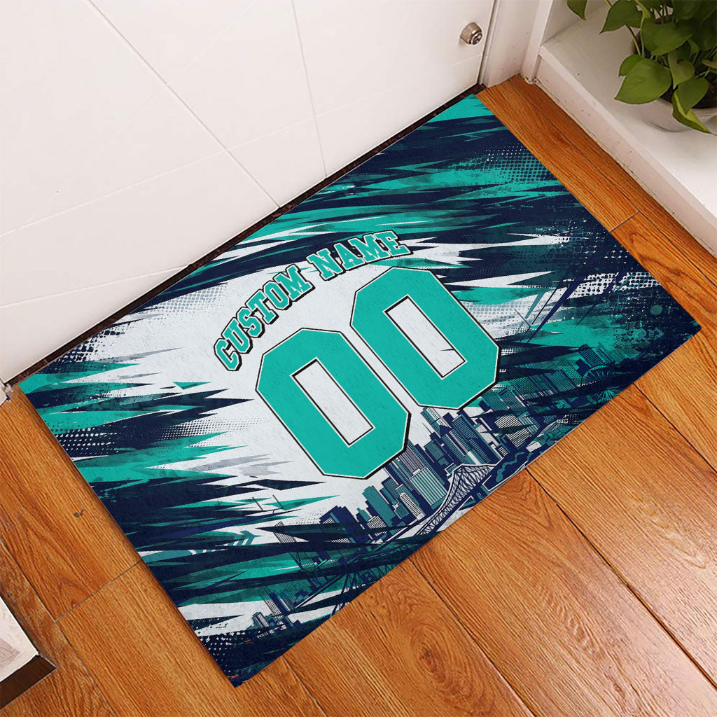 Personalised Brisbane Heat Cricket Fan Pride Rubber Doormat Dynamic Flaming Cricket Graphic Art With Brisbane Skyline