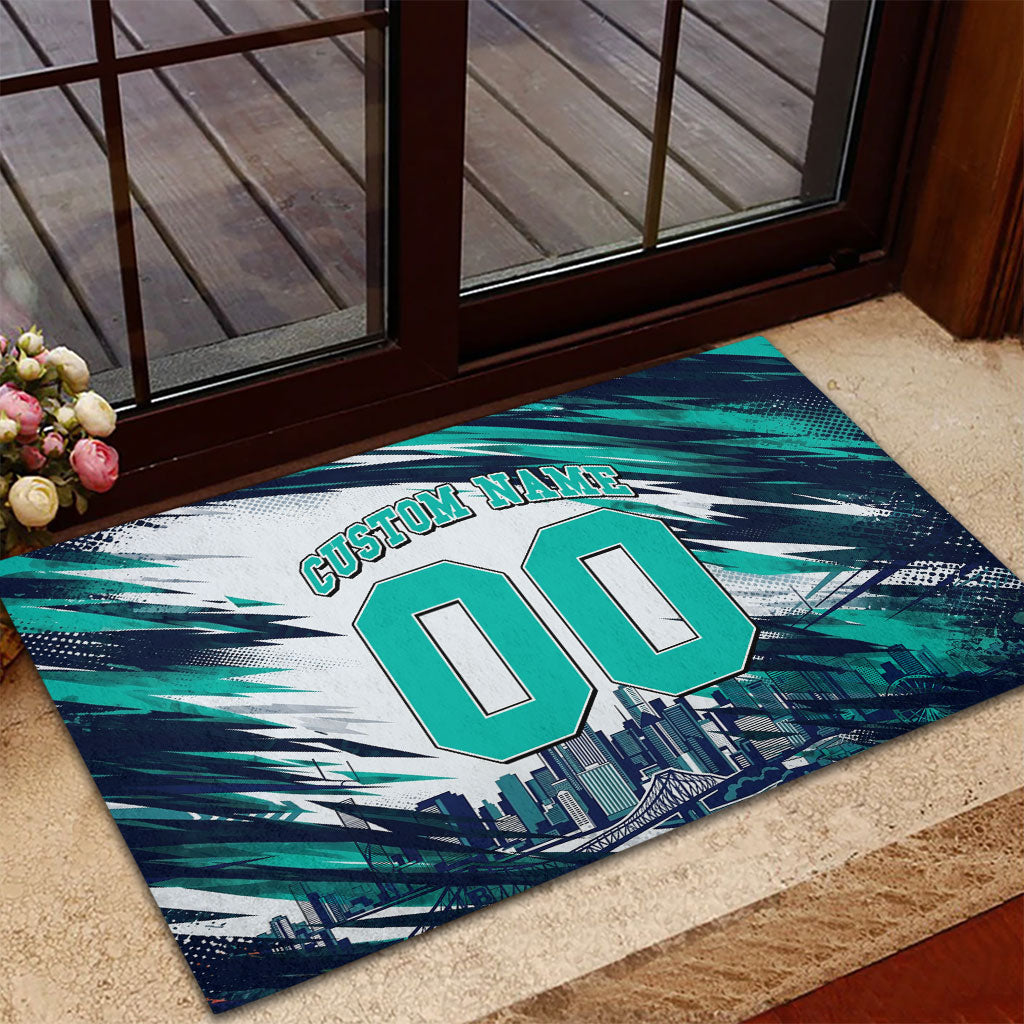 Personalised Brisbane Heat Cricket Fan Pride Rubber Doormat Dynamic Flaming Cricket Graphic Art With Brisbane Skyline
