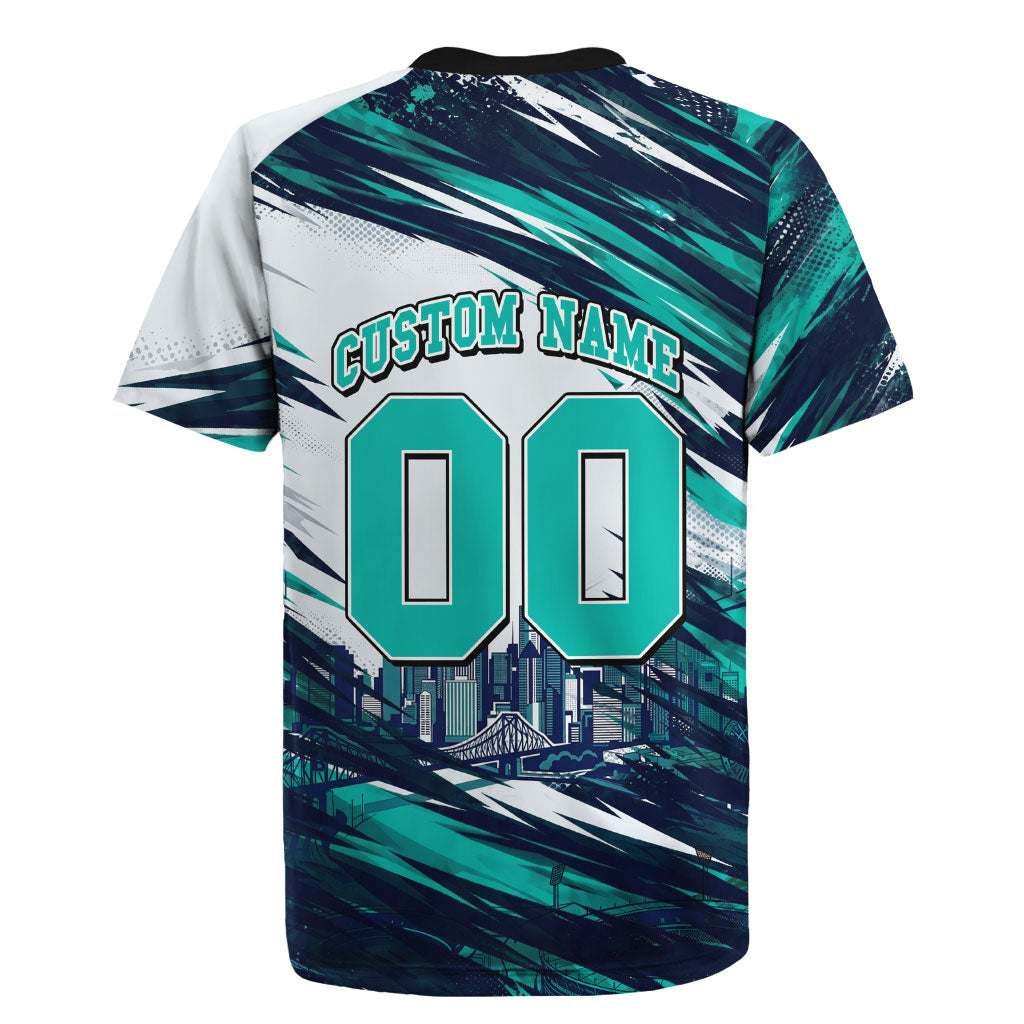 Personalised Brisbane Heat Cricket Fan Pride Rugby Jersey Dynamic Flaming Cricket Graphic Art With Brisbane Skyline