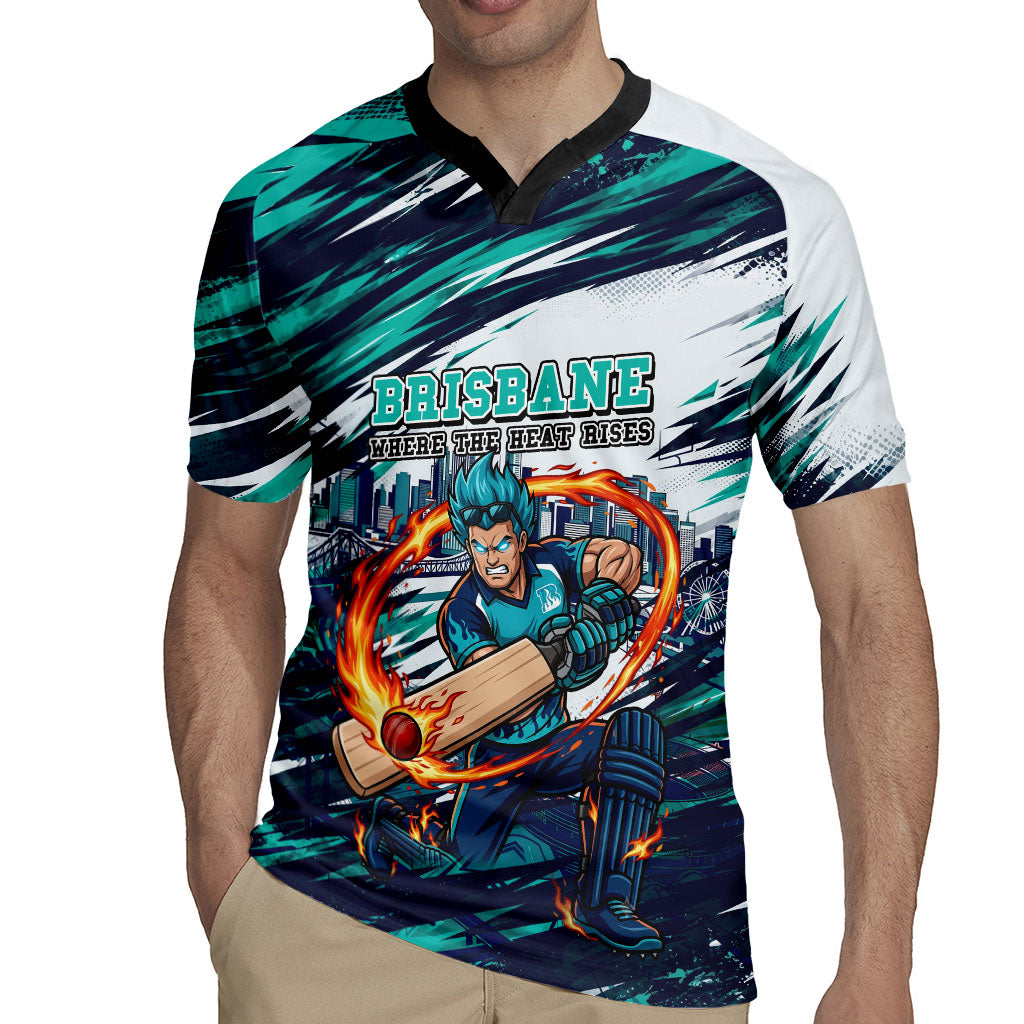 Personalised Brisbane Heat Cricket Fan Pride Rugby Jersey Dynamic Flaming Cricket Graphic Art With Brisbane Skyline
