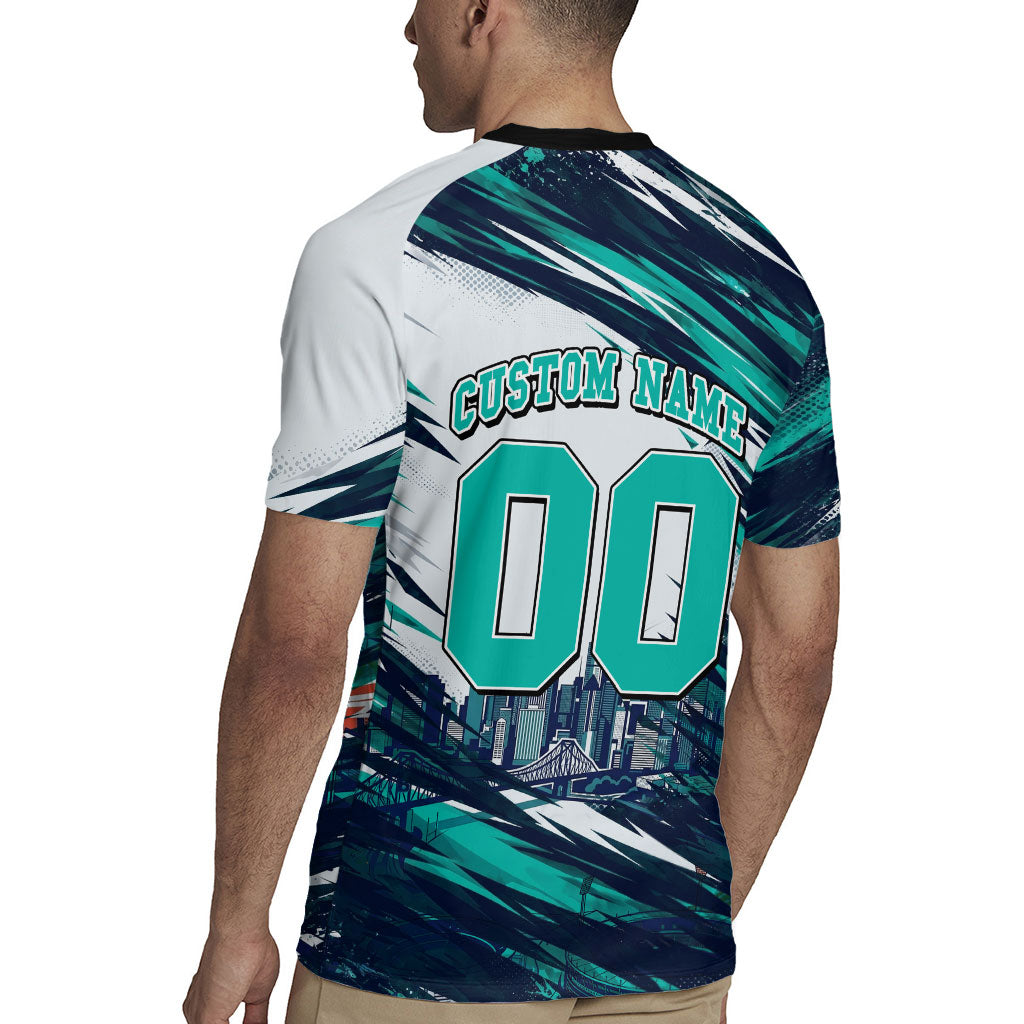Personalised Brisbane Heat Cricket Fan Pride Rugby Jersey Dynamic Flaming Cricket Graphic Art With Brisbane Skyline